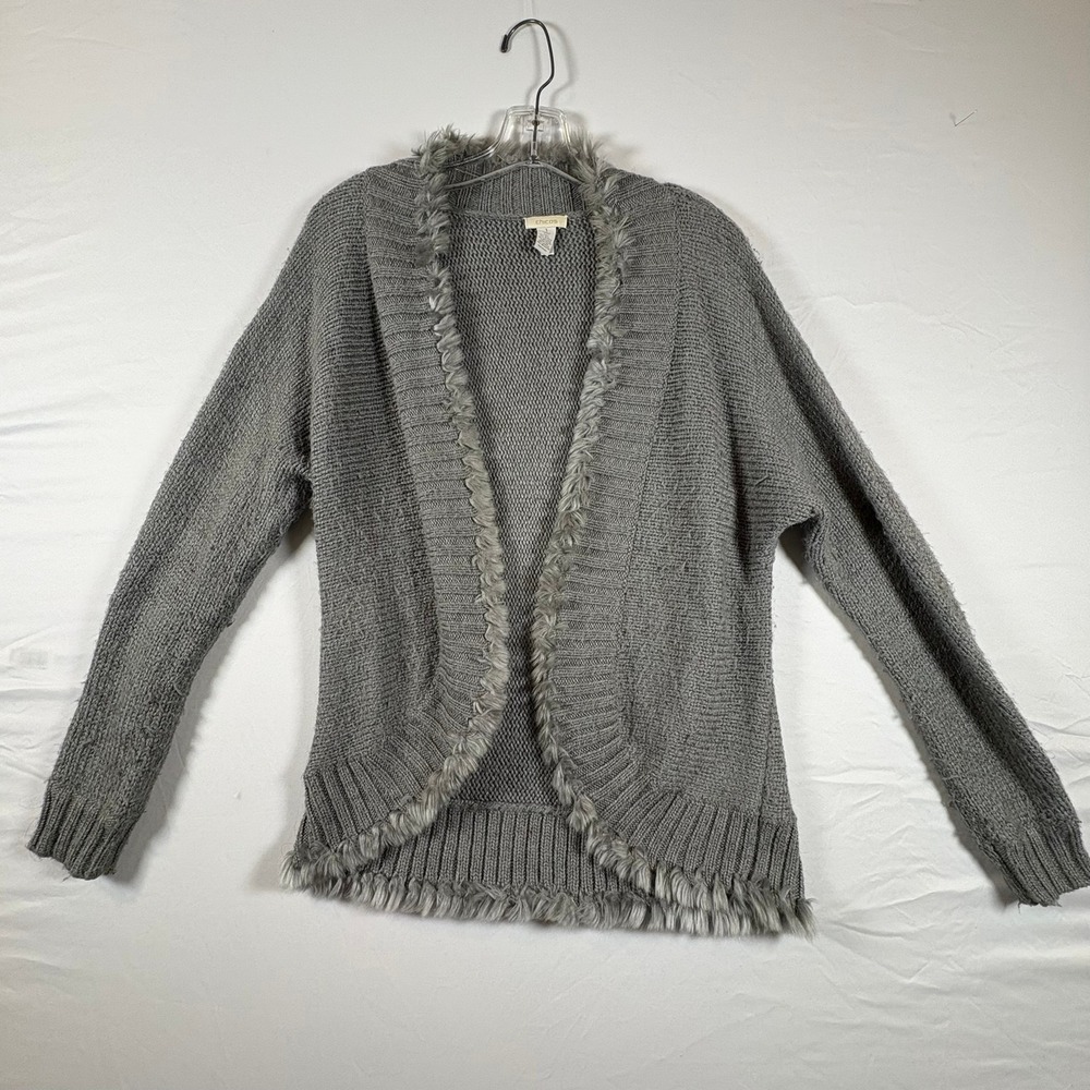 Chicos Grey Faux Fur Trim Open Front Cardigan Alpaca Blend Sweater Size 1 M